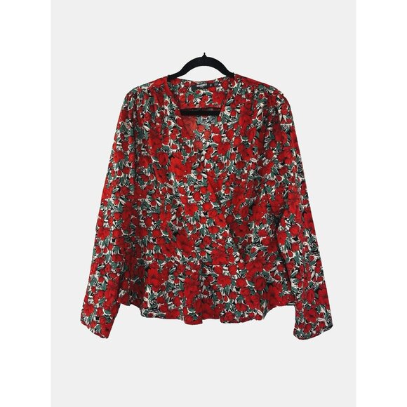 Missguided 16 XL Red Green Floral Peplum Faux Wrap Blouse Holiday Cottage Boho - Picture 1 of 12